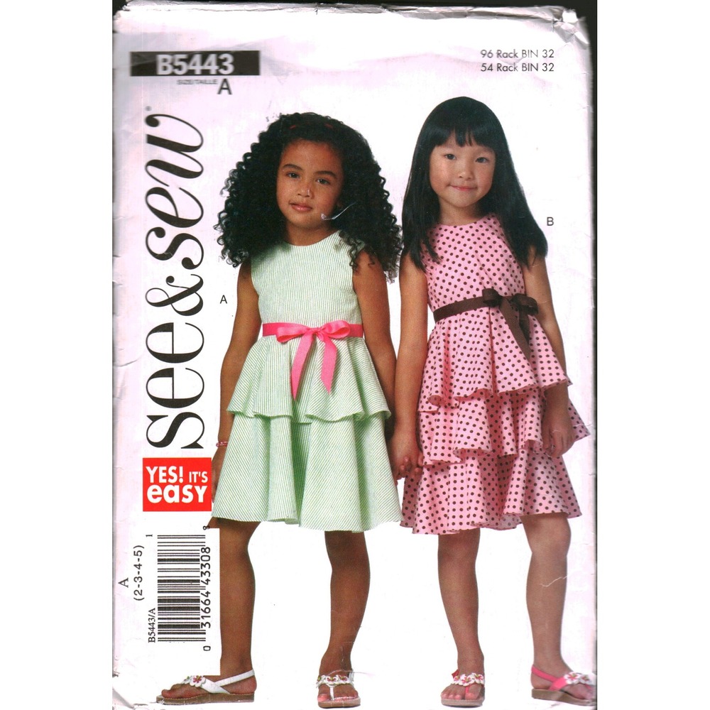 Butterick See &‎ Sew B5443 Kids Girls Tiered Dress Sewing Pattern Sizes 2-3-4-5